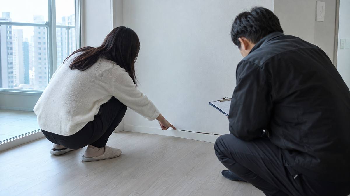 새로 고친 집의 걸레받이 틈을 시공자에게 짚어 보이는 집주인